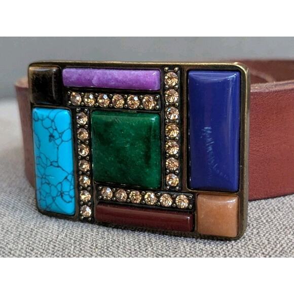Fossil Brown Leather Belt Stone Buckle Faux Turquoise Rhinestone Boho Western M main image 6